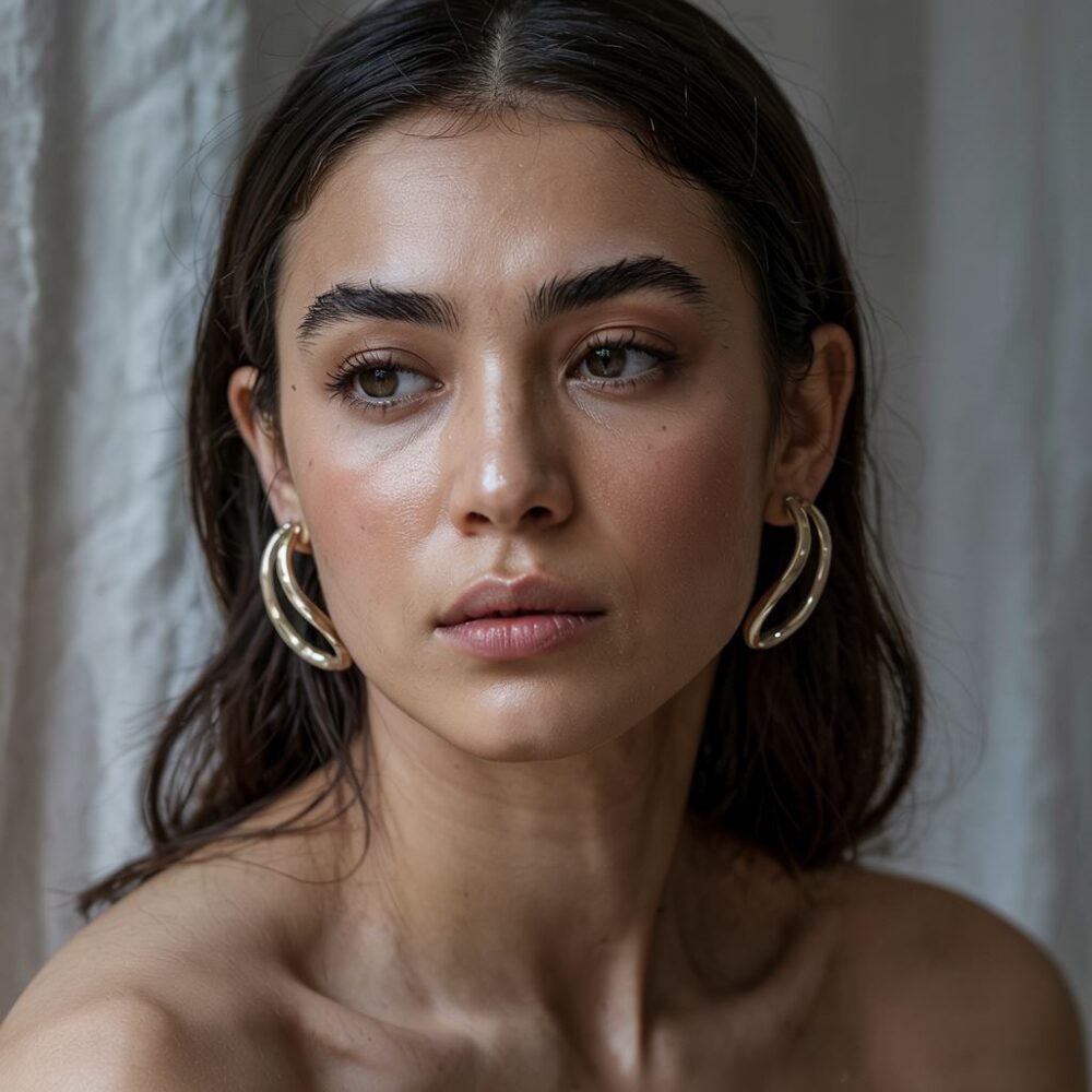 portret kobiety z owalną twarzą i kolczykami