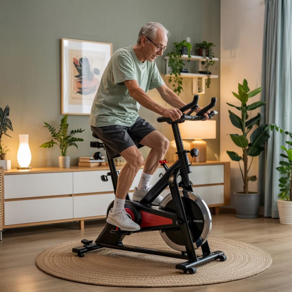 senior na rowerze stacjonarnym