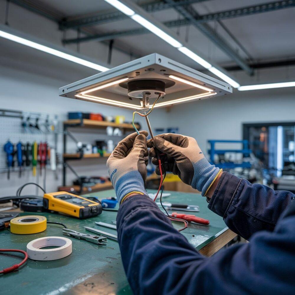 technik naprawia lampę