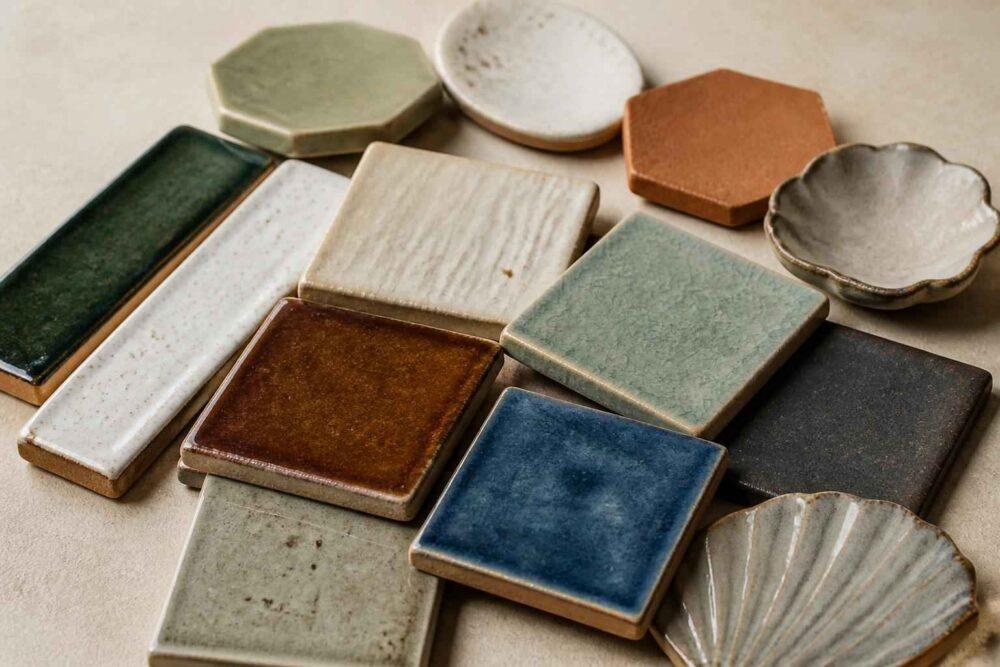 Różnobarwne ceramiczne płytki i podstawki o geometrycznych i muszlowych kształtach na jasnym tle